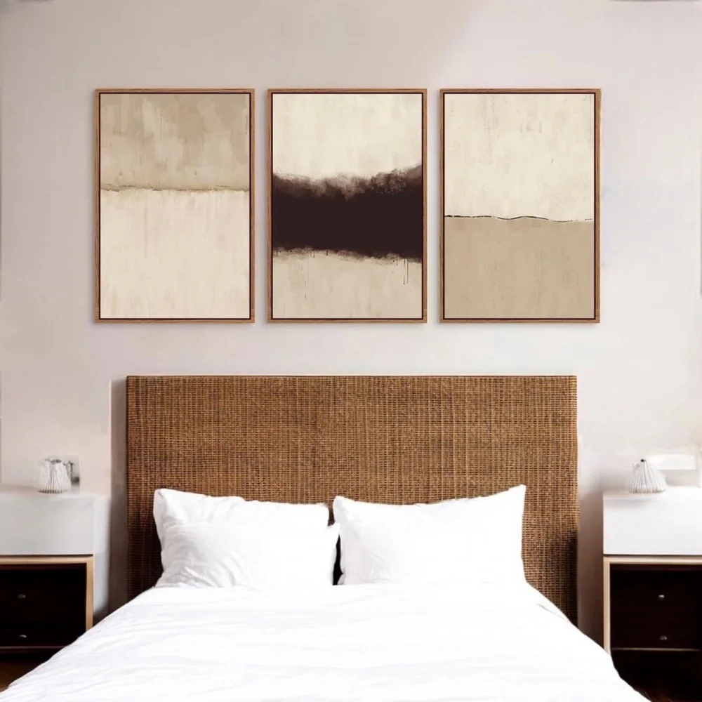 New West Elm Large Abstract Set of 3 Framed Canvas Wall Art Paintings Decor 24